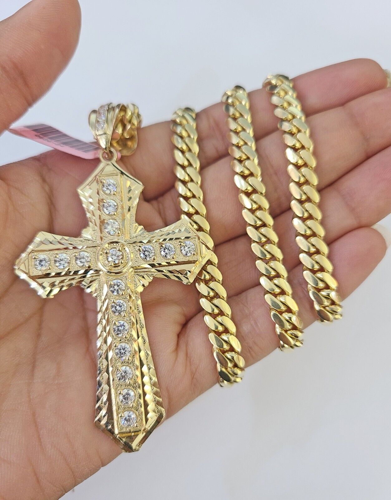 Real 14k Solid Chain Cross Charm Set Miami Cuban Link 6mm Necklace Pendant Gold