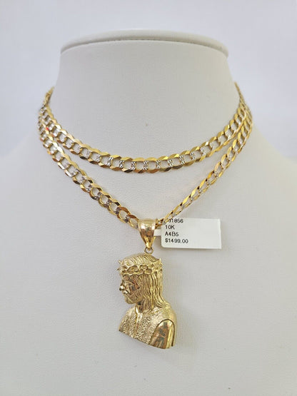 Solid 10k Gold Cuban Curb Link Chain Jesus Head Pendant 6mm 20-30" SET Necklace Two-tome