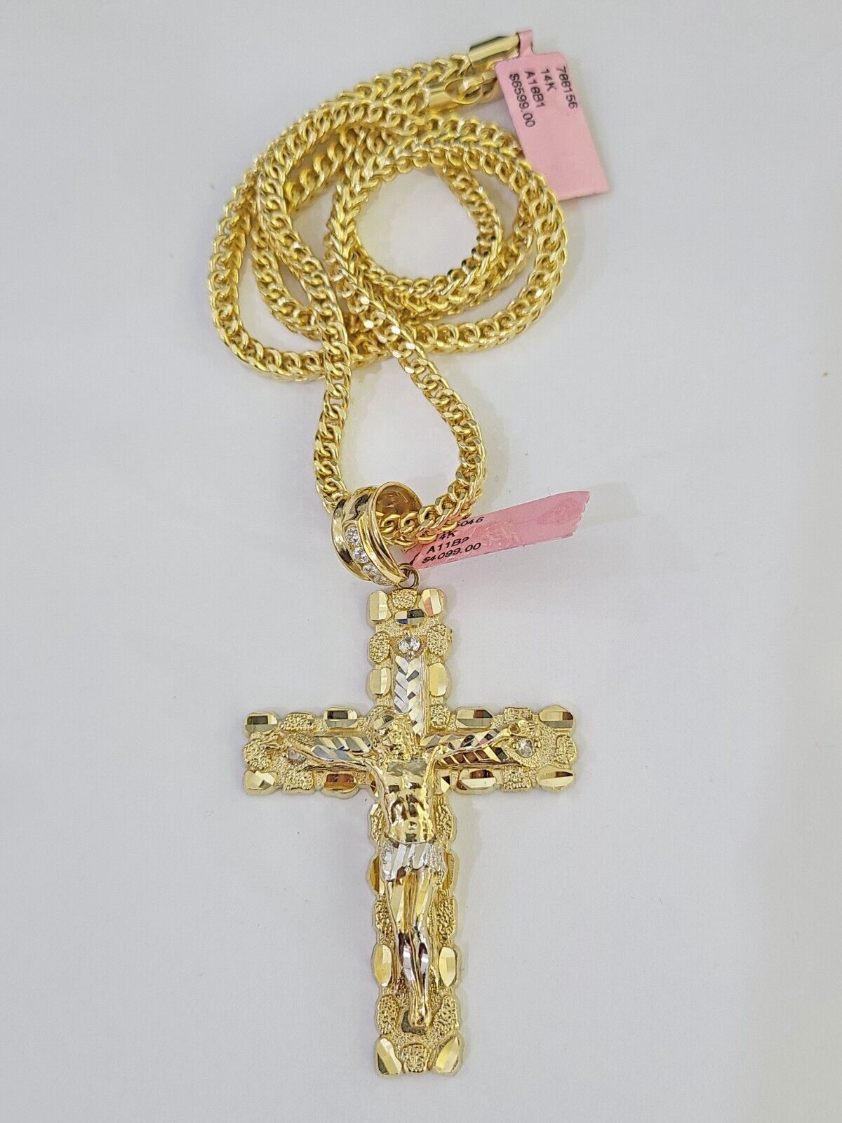 14K Franco Chain Jesus Nugget Cross Pendant Charm Necklace 20"-26" 4mm Gold