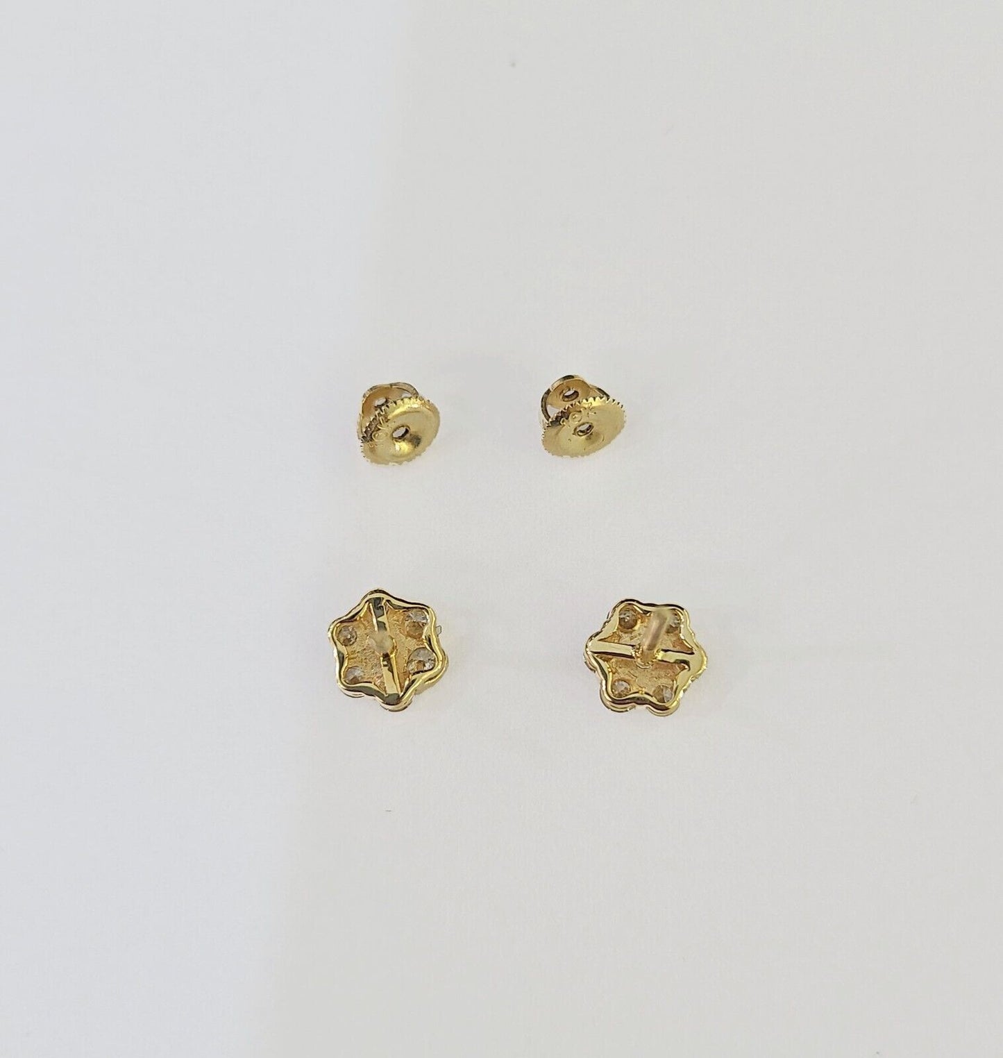 10k Yellow gold Flower Earrings Real Diamond screw-back Women Men studs