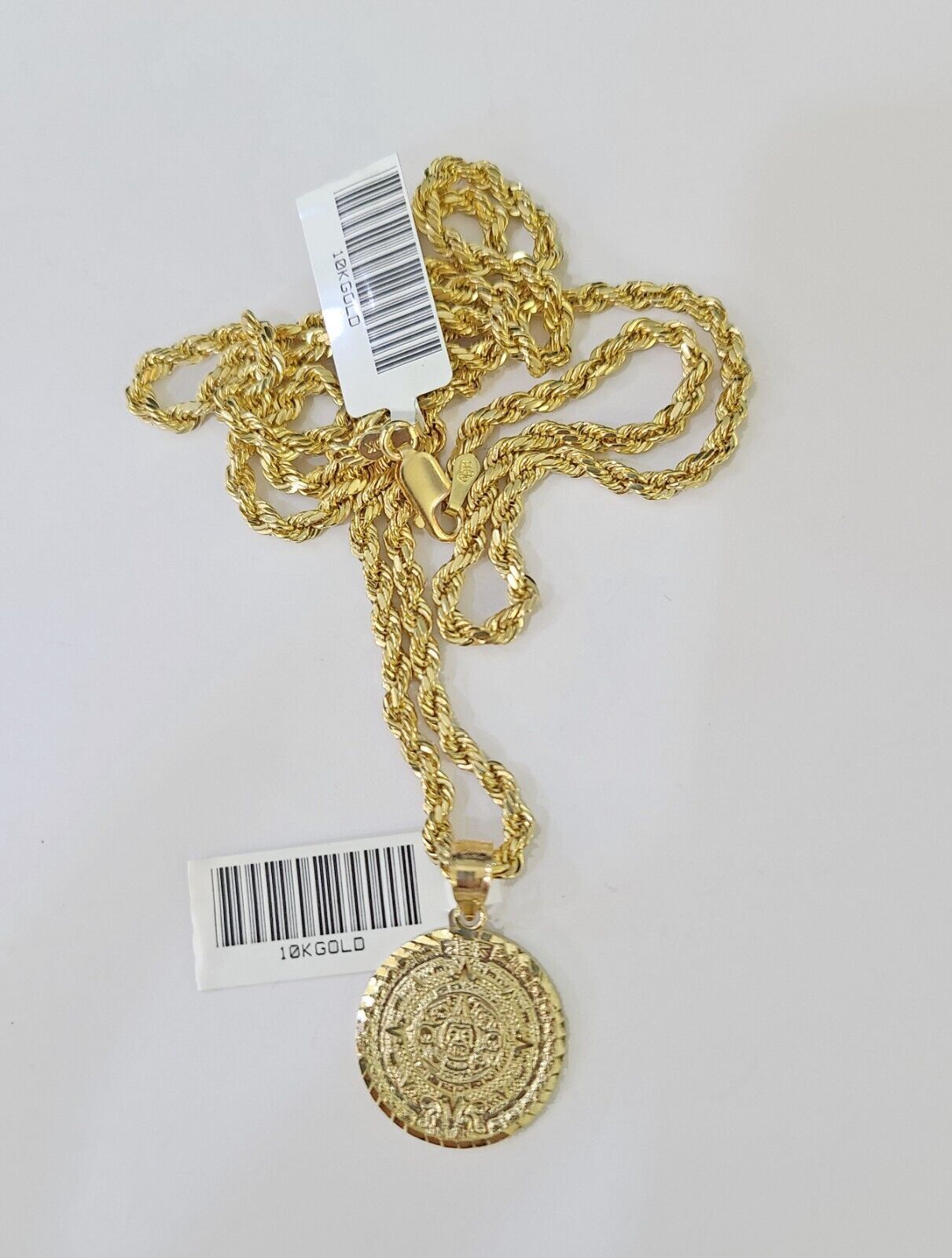 Real 10k 3mm Rope Chain Mayan Calendar Pendant 18" 20" 22" 24" 26" Gold Set