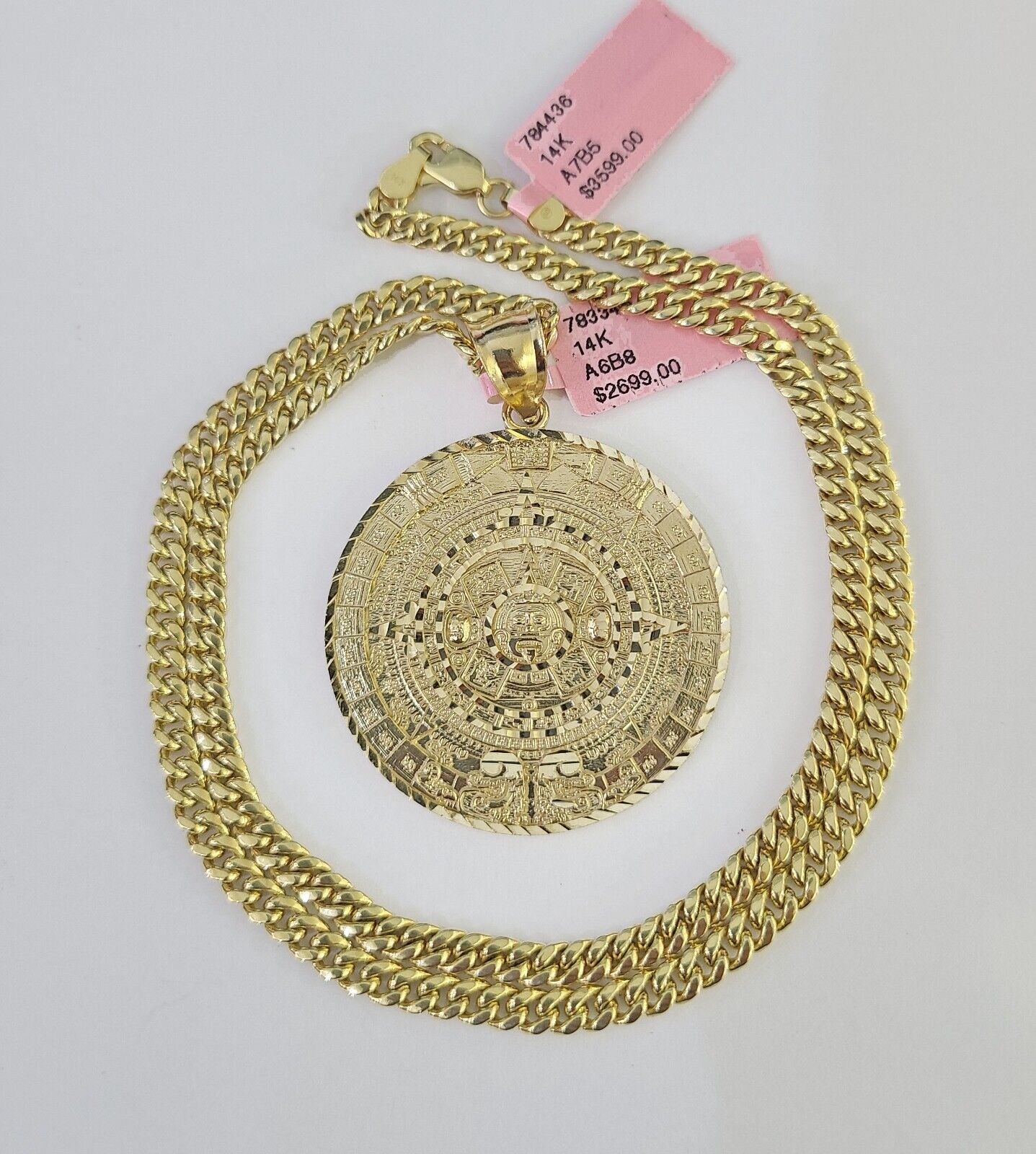 Real 14k Chain Mayan Calendar Charm Set Miami Cuban Link 4mm Necklace Pendant