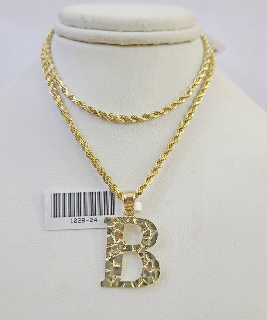 10k Gold Initial B Charm Rope Chain 16"-26" 2.5mm SET Necklace Alphabet Pendant