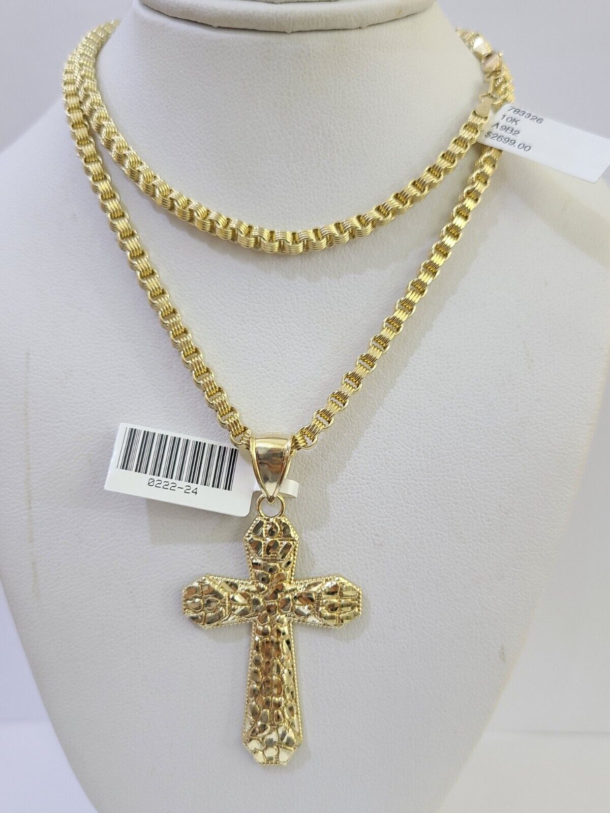 10k Gold Byzantine Necklace Jesus Cross Charm 18-26 inches 3mm SET Chain