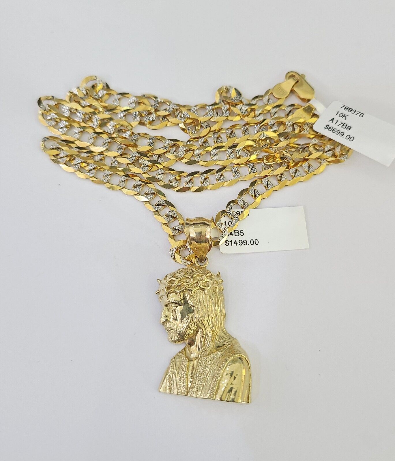 Solid 10k Gold Cuban Curb Link Chain Jesus Head Pendant 6mm 20-30" SET Necklace Two-tome