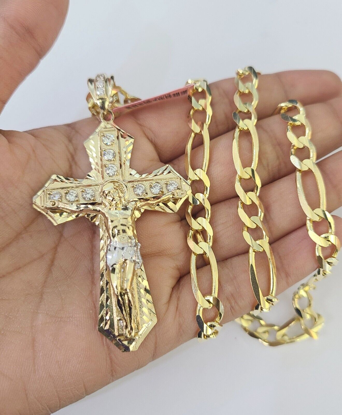 14k Solid Figaro Chain Jesus Cross Pendant Gold 7mm 20-30 inch SET Necklace