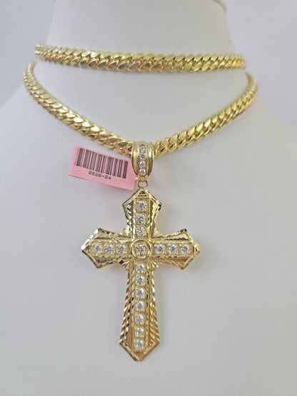 Real 14k Solid Chain Cross Charm Set Miami Cuban Link 6mm Necklace Pendant Gold