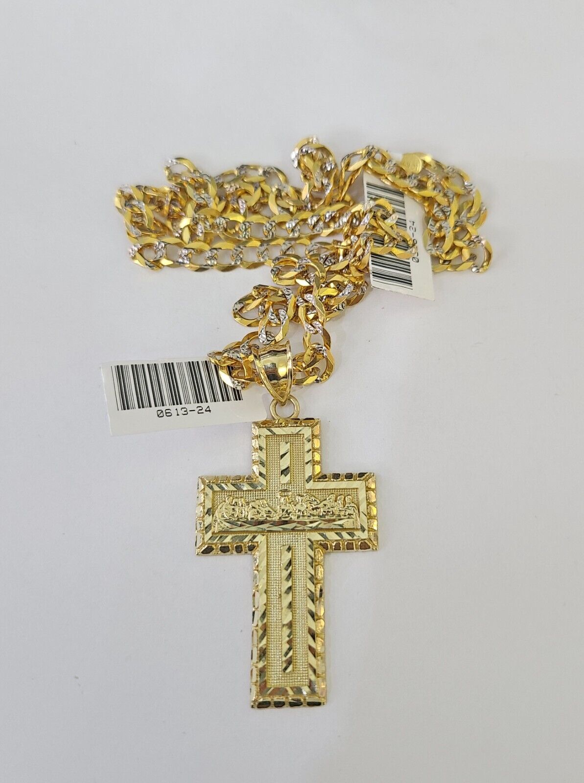 10k Gold Chain Last Supper Cross Charm Solid Cuban Curb 5mm 18"-28" Inch SET