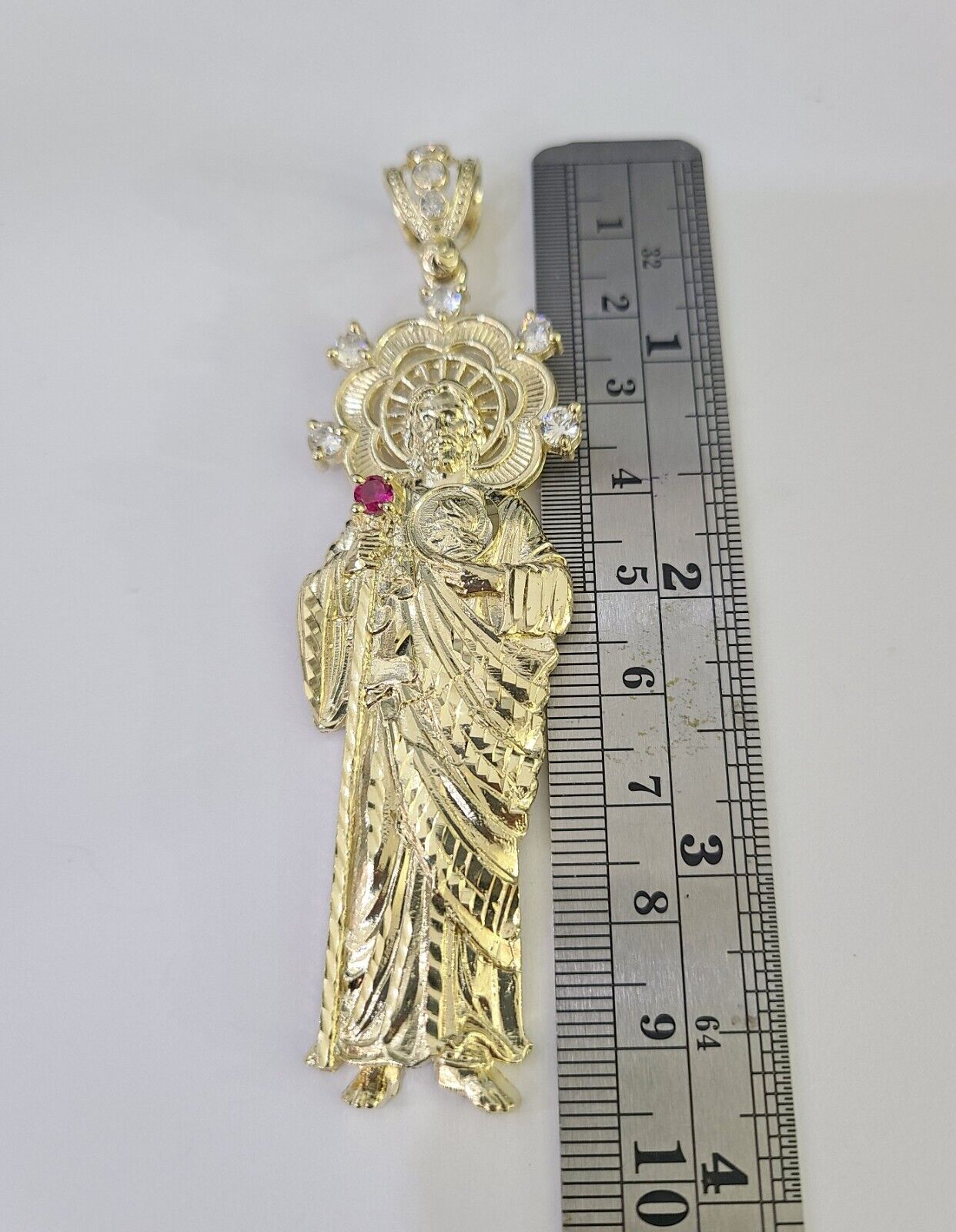 Real 10K Gold Saint Jude Charm Diamond Cut 10kt yellow Gold Pendent 3.5"