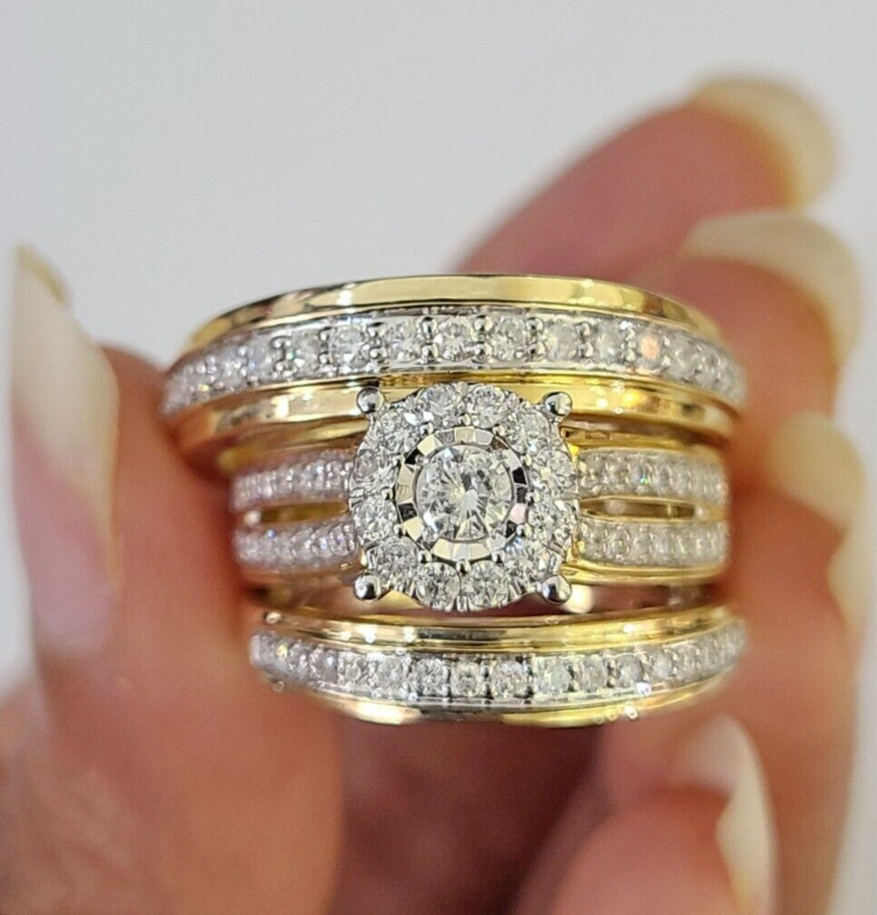 REAL 14k Diamond Ring Yellow Gold Ladies Men Trio SET Wedding Engagement Genuine