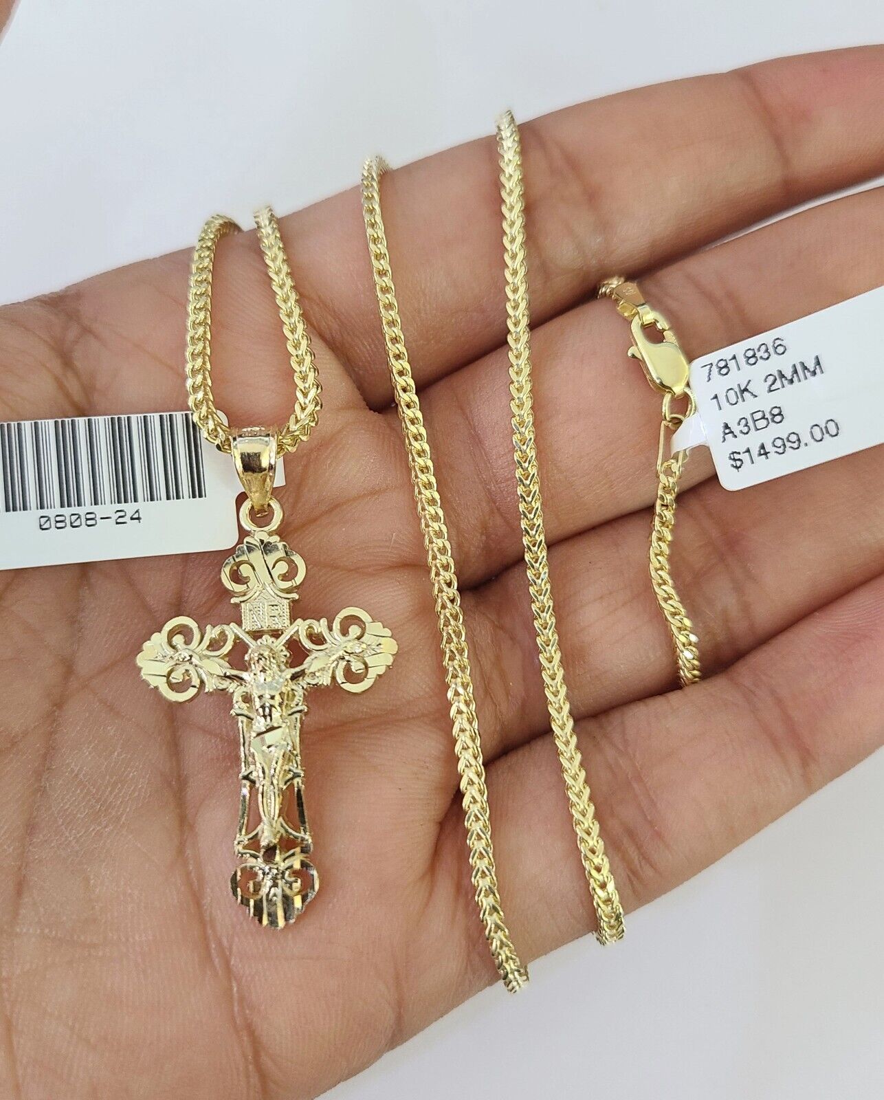 10K Franco Chain Jesus Cross Pendant Charm Necklace 16"-24" 2mm Gold SET Yellow