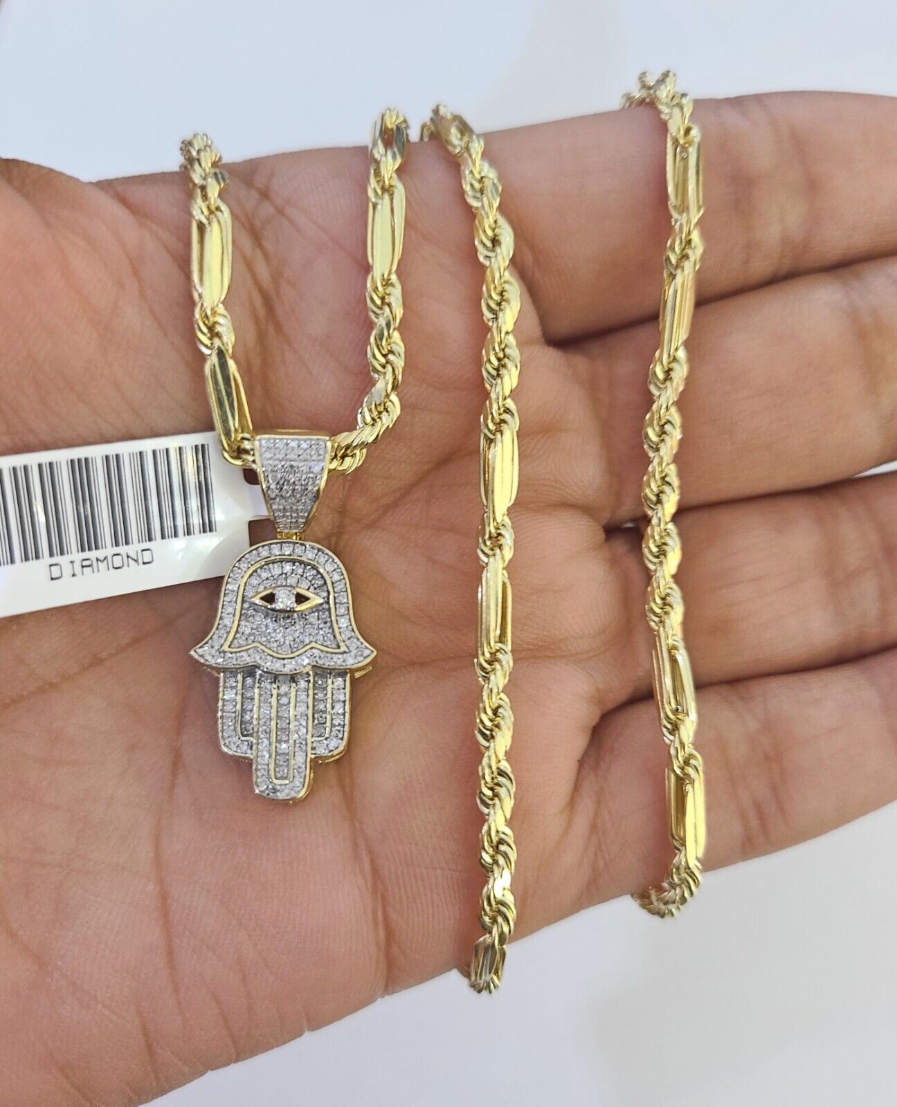 Real 10k Milano Rope Chain Diamond Hamsa Charm Necklace SET 3mm 18" 20" 22" 24"