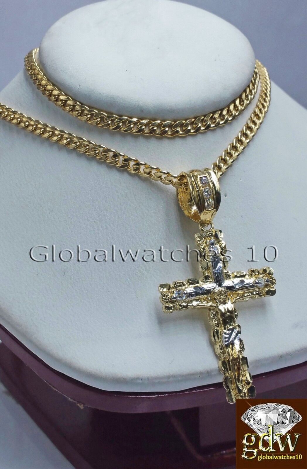 Real 10k Yellow Gold Jesus Cross Charm Pendant 18" Miami Cuban Link Chain SET