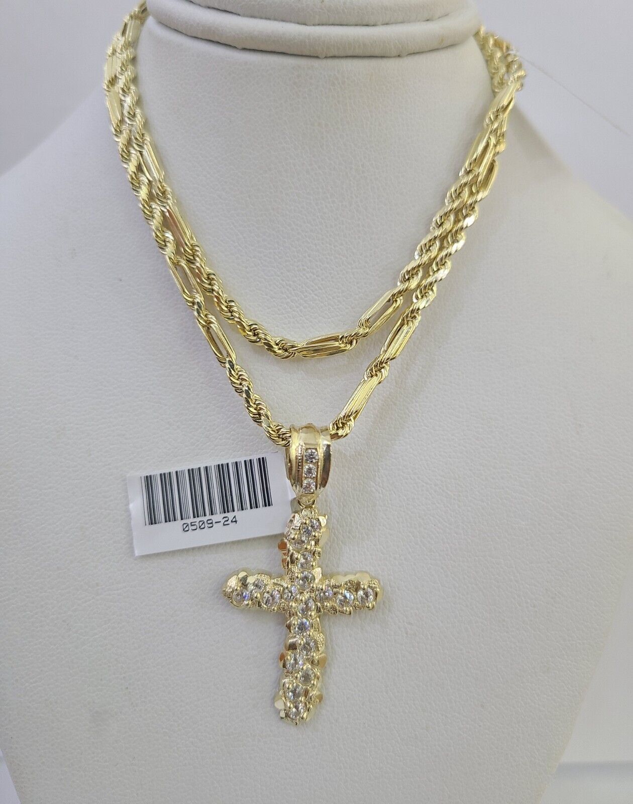 10k Milano Rope Chain Jesus Cross Charm Necklace SET 3mm 18" 20" 22" 24"