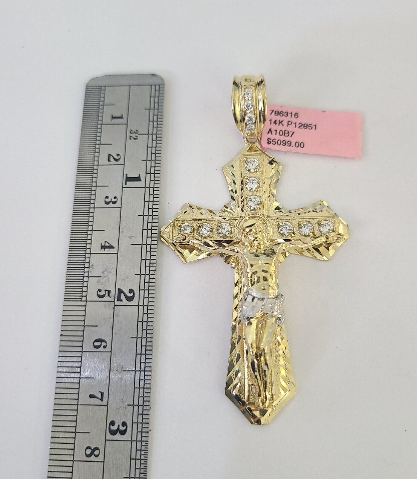 14k Solid Figaro Chain Jesus Cross Pendant Gold 7mm 20-30 inch SET Necklace