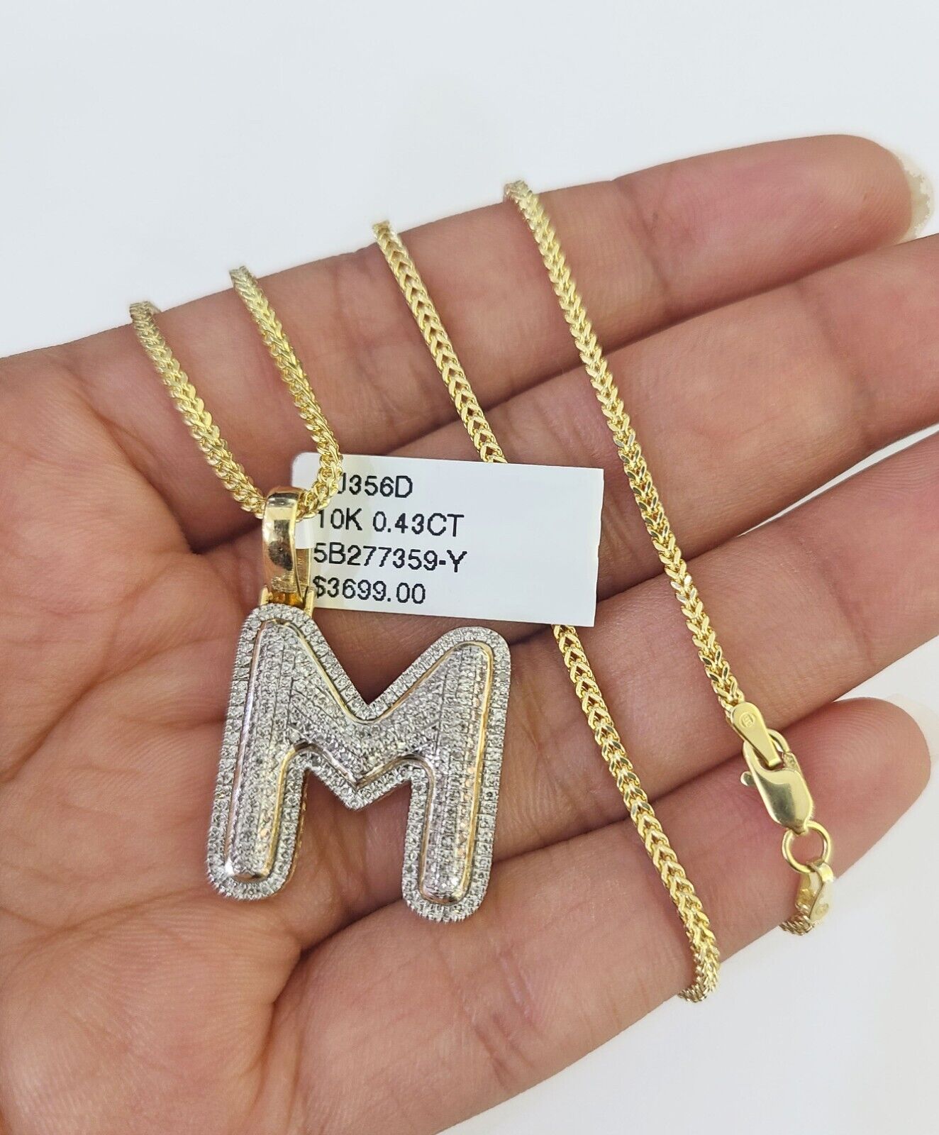 10K Franco Chain Diamond M Pendant Initial Charm Letter Necklace 18"-24" 1.5mm