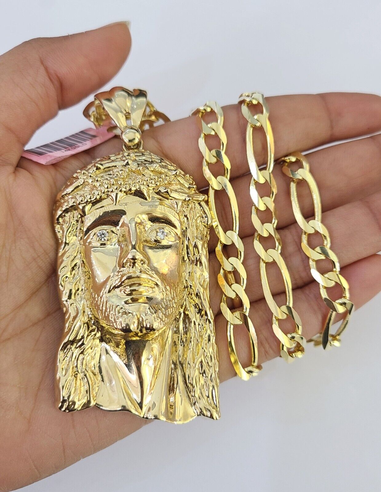 14k Figaro Solid Chain Jesus Head Charm Pendant Gold 7mm 20-30 inch SET Necklace