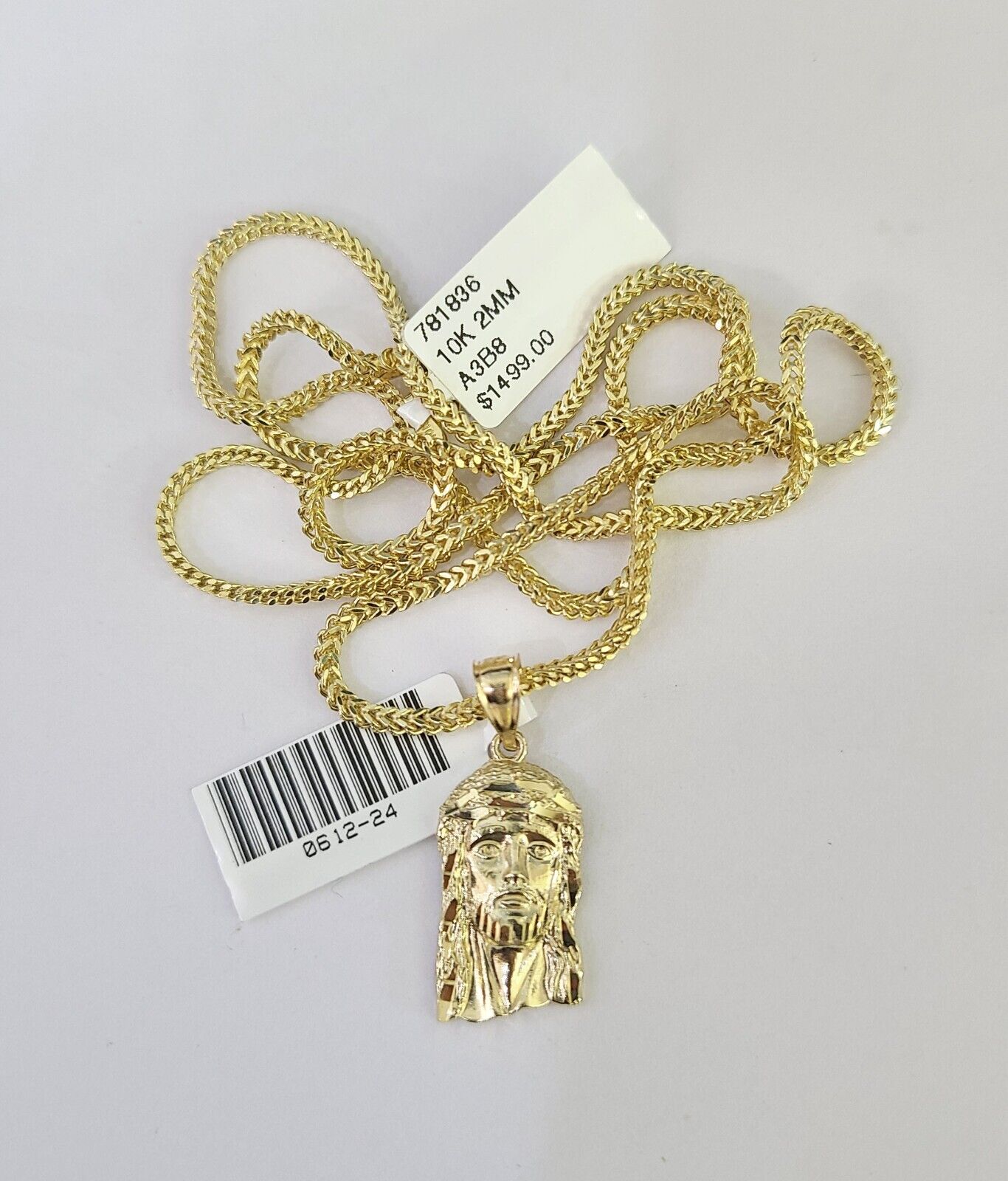 10K Franco Chain Jesus Head Pendant Charm Necklace 16"-24" 2mm Gold SET Yellow