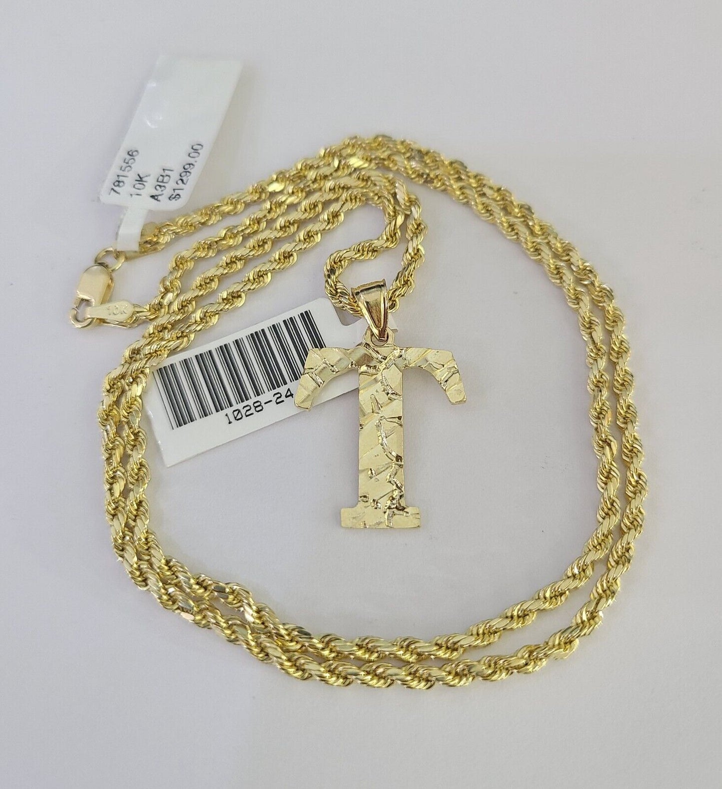 10k Gold Initial T Charm Rope Chain 16"-26" 2.5mm SET Necklace Alphabet Pendant