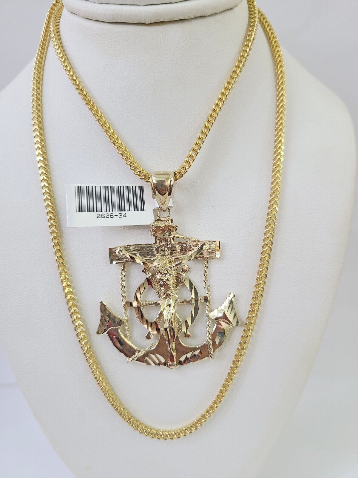 10K Franco Chain Jesus Anchor Pendant Charm Necklace 20"-26" 2.5mm Yellow Gold