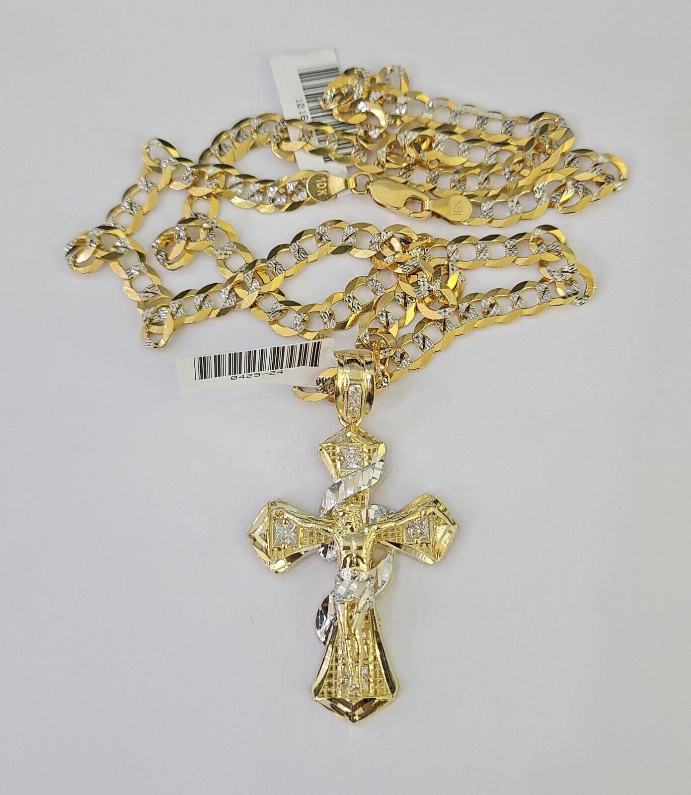 SET Solid 10k Gold Cuban Link Curb Chain Jesus Cross Pendant Two-tone 6mm 20"-30"Necklace