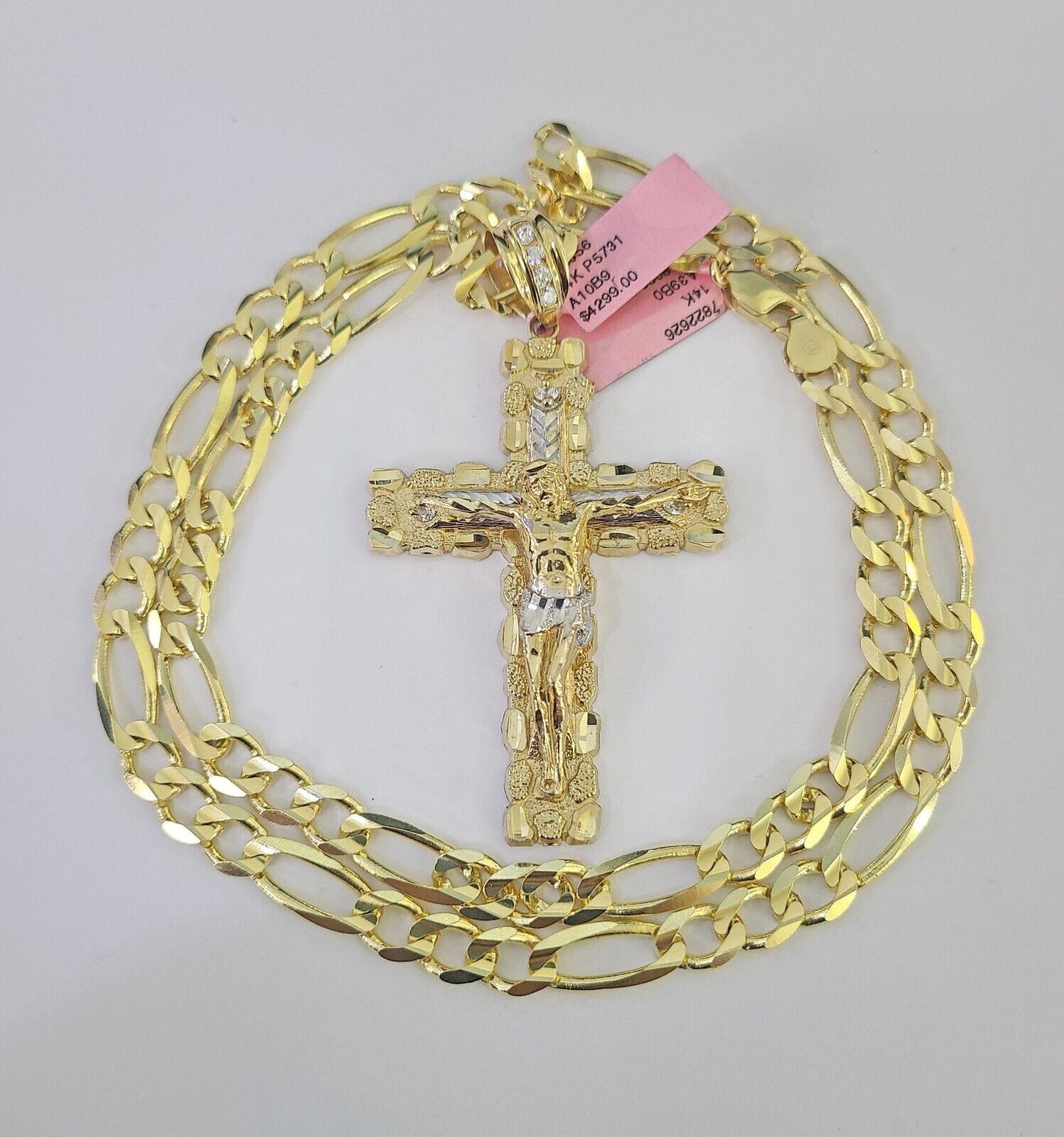 14k Solid Figaro Chain Jesus Cross Pendant Gold 7mm 20-30 inch SET Necklace