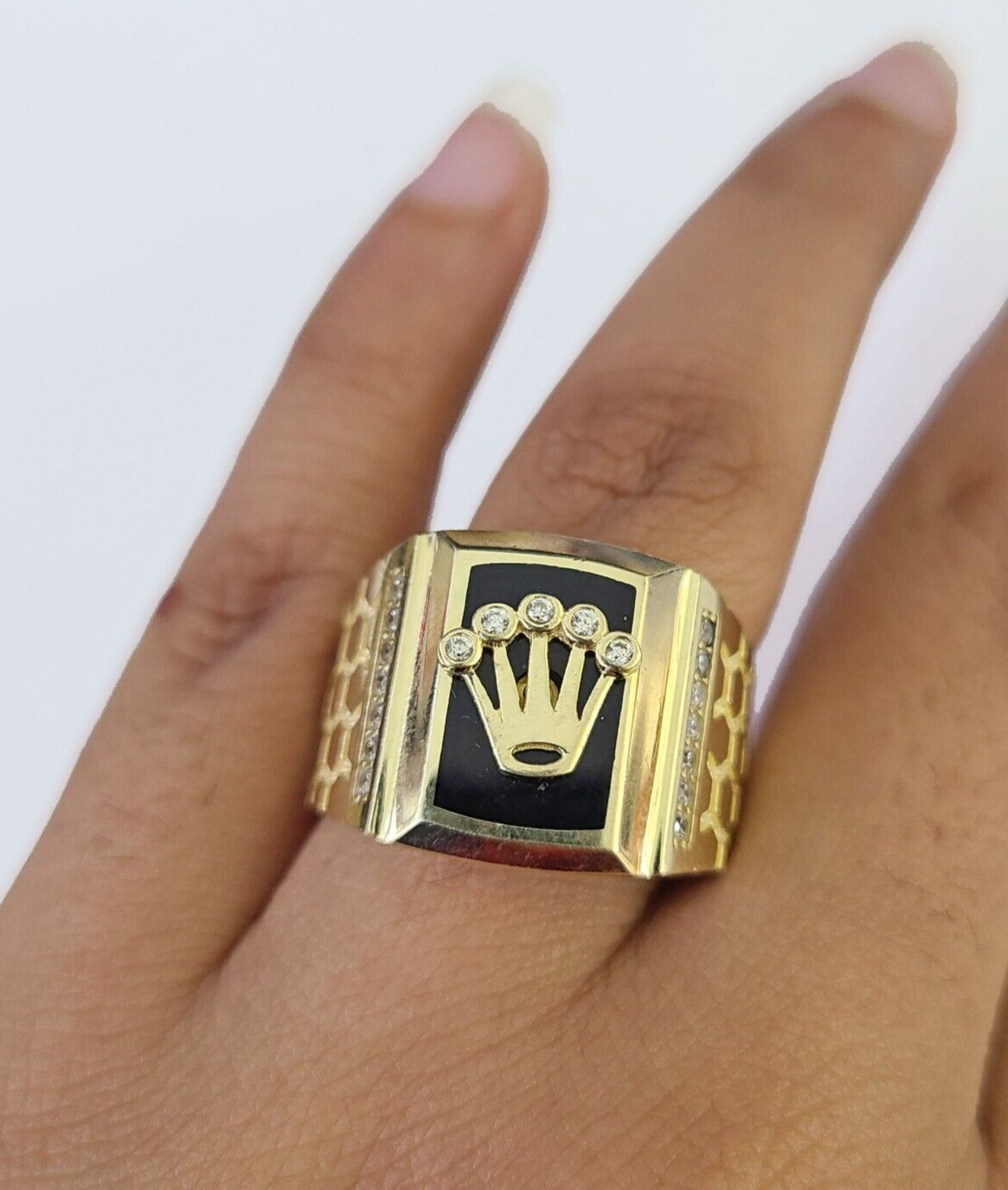 Real 10k Ring Crown Fancy Black Design Yellow Gold Men Casual 10kt