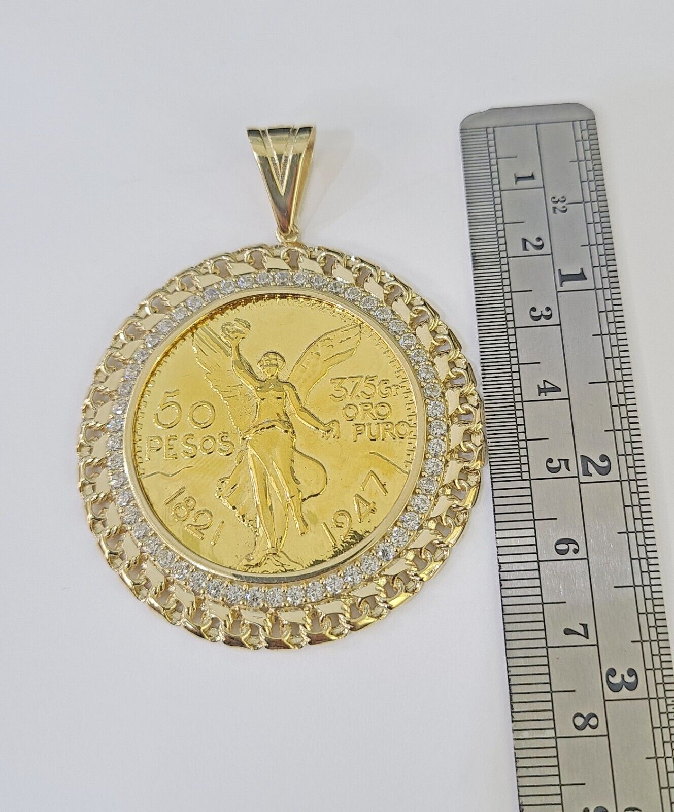 REAL 10k Yellow Gold Charm Centenario Style Coin in Bezel 50 Pesos 1947 For Men