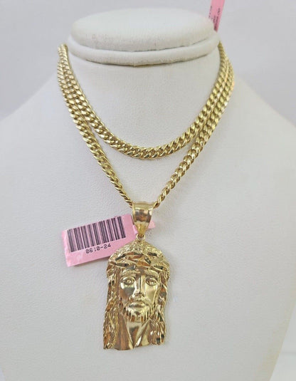 Real 14k Chain Jesus Head Charm Set Miami Cuban Link 4mm Necklace Pendant