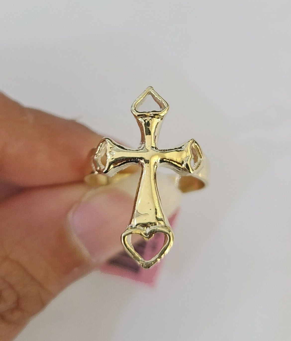 Real 14k Jesus Cross Hearts Ring Band Casual Wedding Engagement Yellow Gold