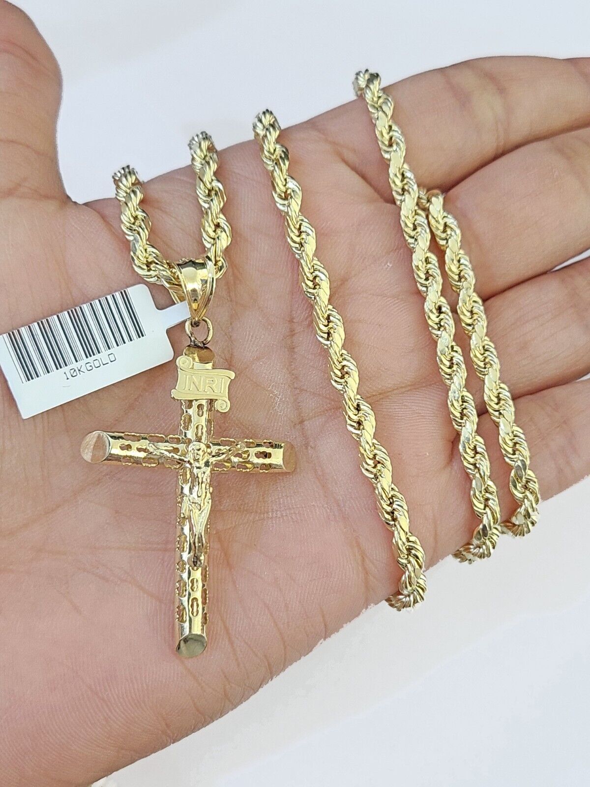 Real 10k Gold Rope Chain Cross Charm Pendent SET 4mm 26 Inch 4mm Necklace Men's