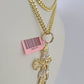 Real 14k Chain Cross Charm Set Miami Cuban Link 4mm Necklace Pendant Yellow Gold