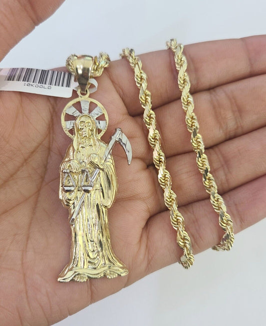 10k Solid Rope Chain Saint Reaper Charm Set 4mm 18"-30" Necklace Gold Pendant