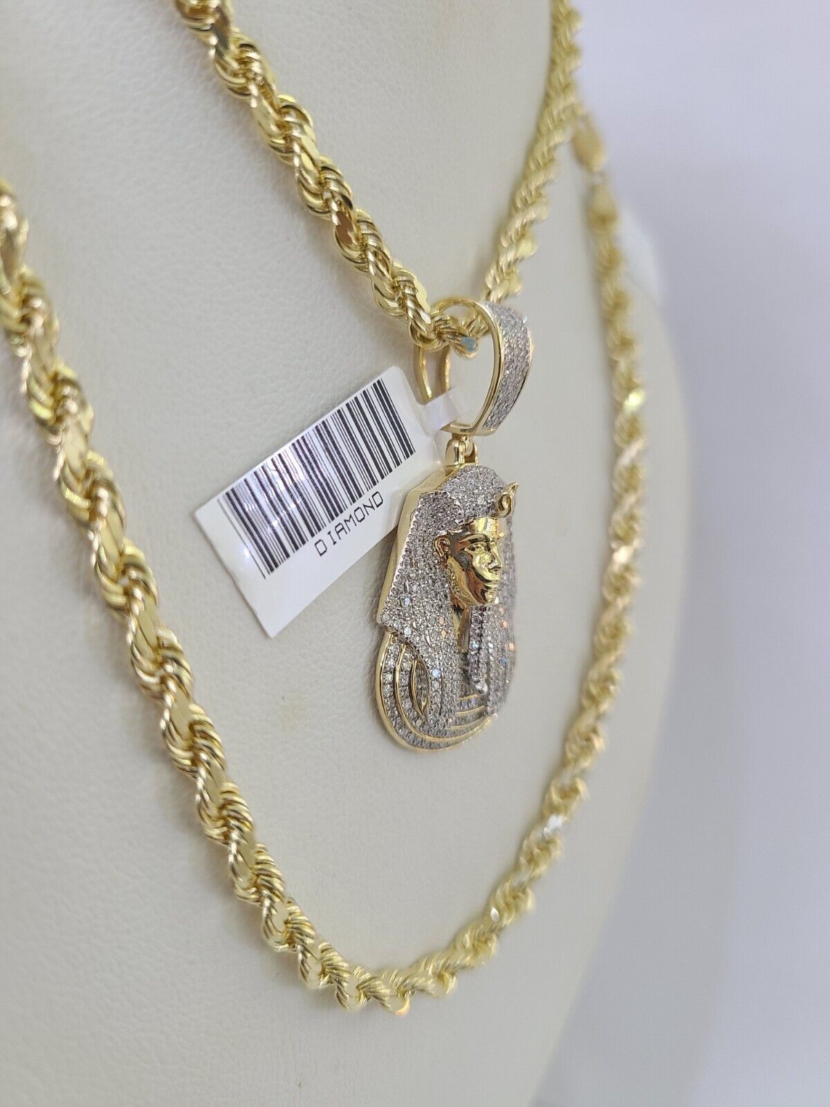 10k Solid Rope Chain Pharaoh Charm Diamond Set 4mm 20"-28" Necklace Gold Yellow