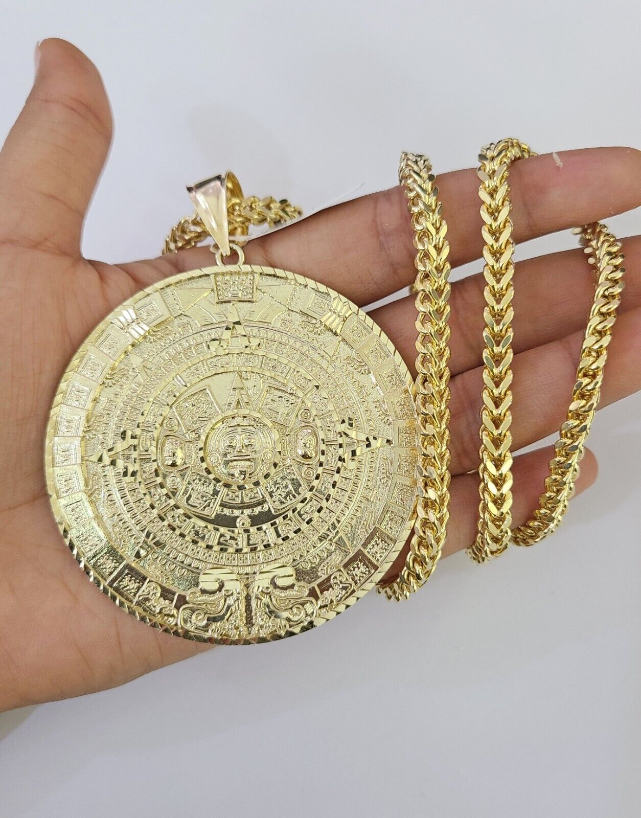 10K Franco Chain Mayan Calendar Pendant Charm Necklace 20"-26" 5mm Gold SET