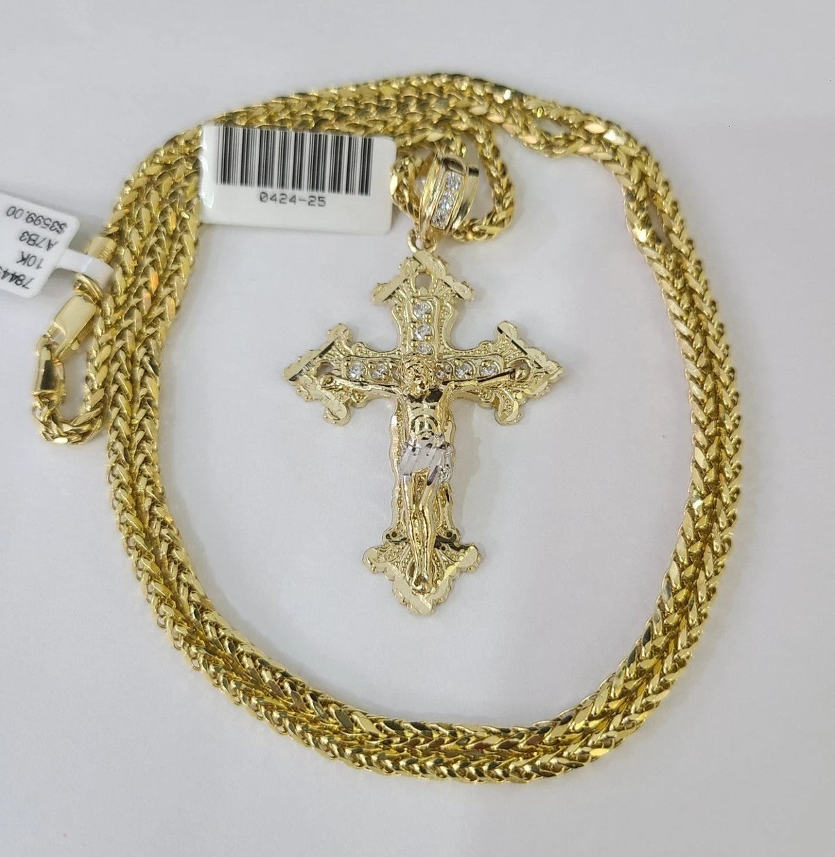 Yellow Jesus Chain REAL 10k Yellow Gold Palm Chain Jesus Cross Pendant Charm 3mm Necklace ...