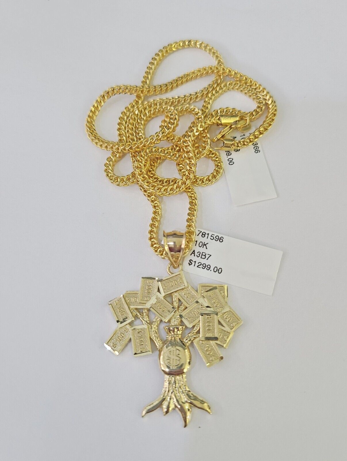 10K Franco Chain Money Tree Pendant Charm Necklace 20"-26" 2.5mm Yellow Gold