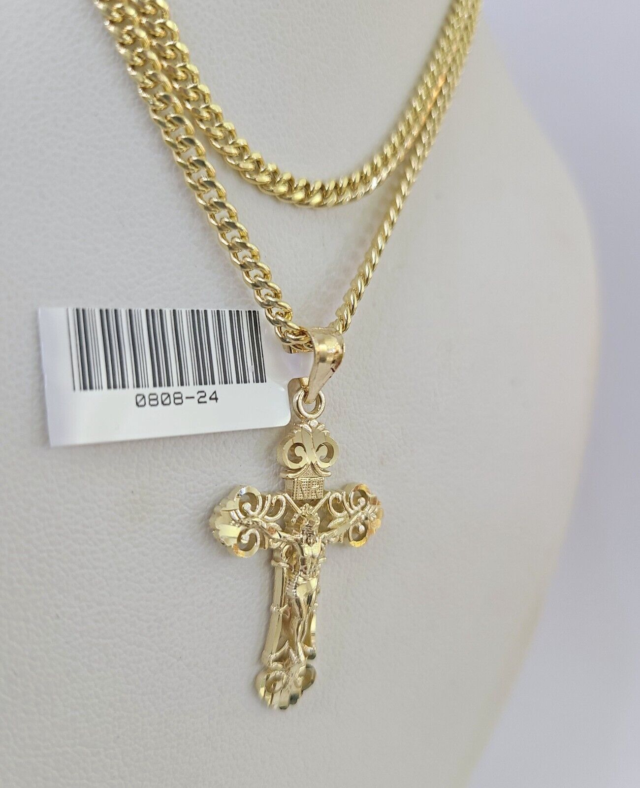 10K Gold Miami Cuban Chain INRI Jesus Cross 18"-28" 3mm Pendant Necklace SET