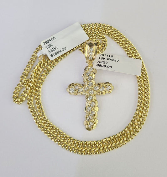 10K Gold Miami Cuban Chain Jesus Cross 18"-28" 3mm Pendant Necklace SET Charm