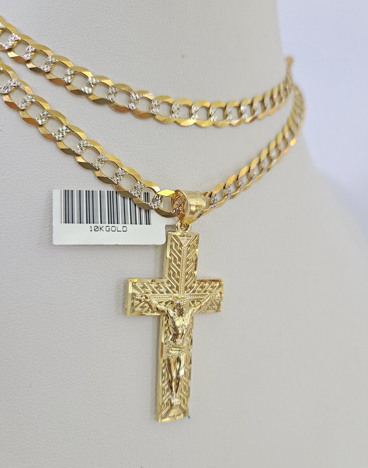 Real 10k Gold Cross Pendant Solid Cuban Curb Link Chain 6mm 20"-30" SET Necklace Two-tone