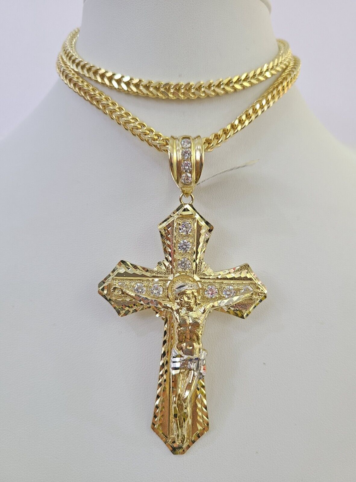 10K Franco Chain Jesus Cross Pendant Charm Necklace 20"-26" 5mm Gold Yellow SET