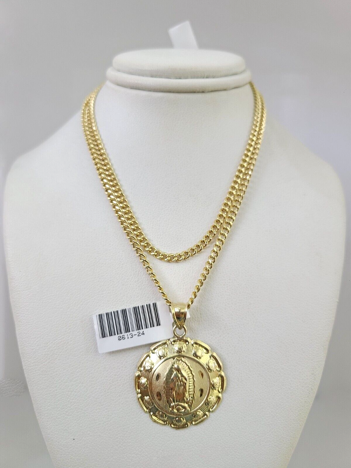 10k Gold Miami Cuban Chain Virgin Mary Charm Pendant 3mm 18-28in Necklace Set