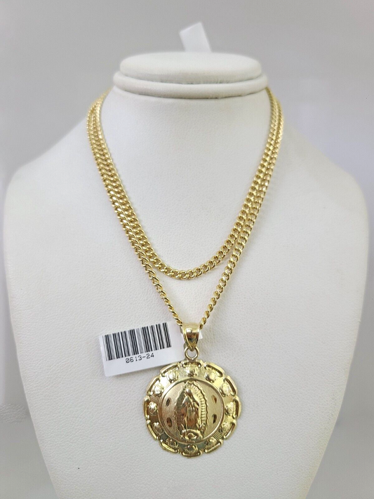 10k Gold Miami Cuban Chain Virgin Mary Charm Pendant 3mm 18-28in Necklace Set