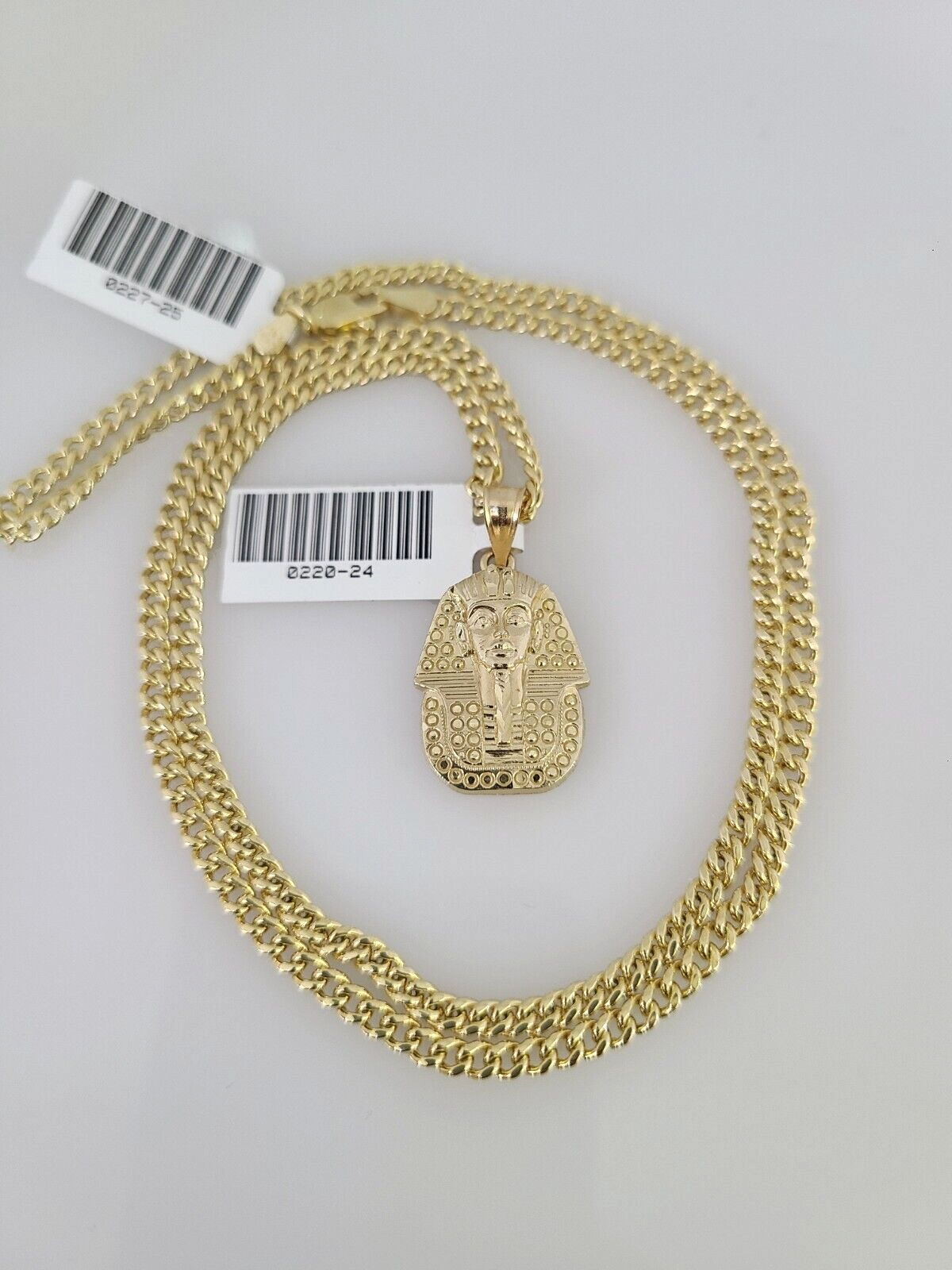 10k Gold Miami Cuban Chain Pharaoh Charm Pendant 3mm 18-28in Necklace Set