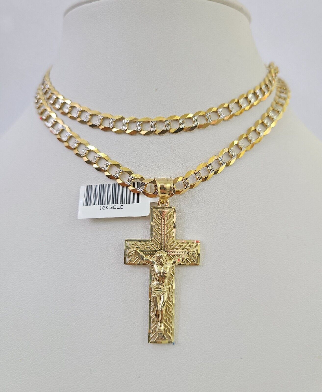 Real 10k Gold Cross Pendant Solid Cuban Curb Link Chain 6mm 20"-30" SET Necklace Two-tone