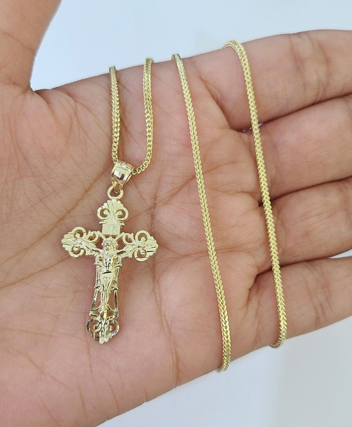 10K Gold Franco Chain INRI Cross Charm SET Length 16-20 inches 1mm Lad ...