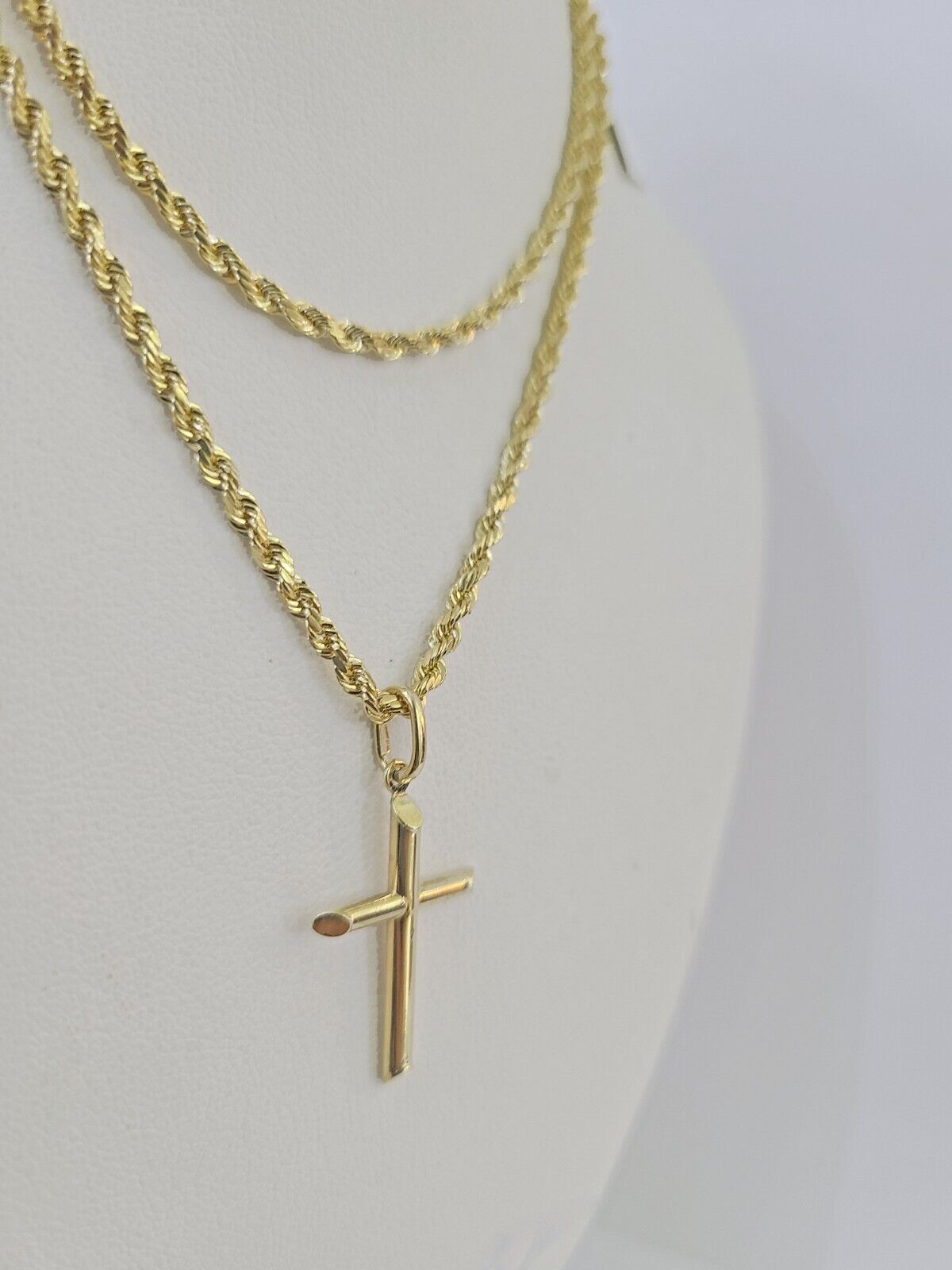 10k 3mm Rope Chain Jesus Cross Pendant 18"-30" Yellow Gold Set Charm Necklace