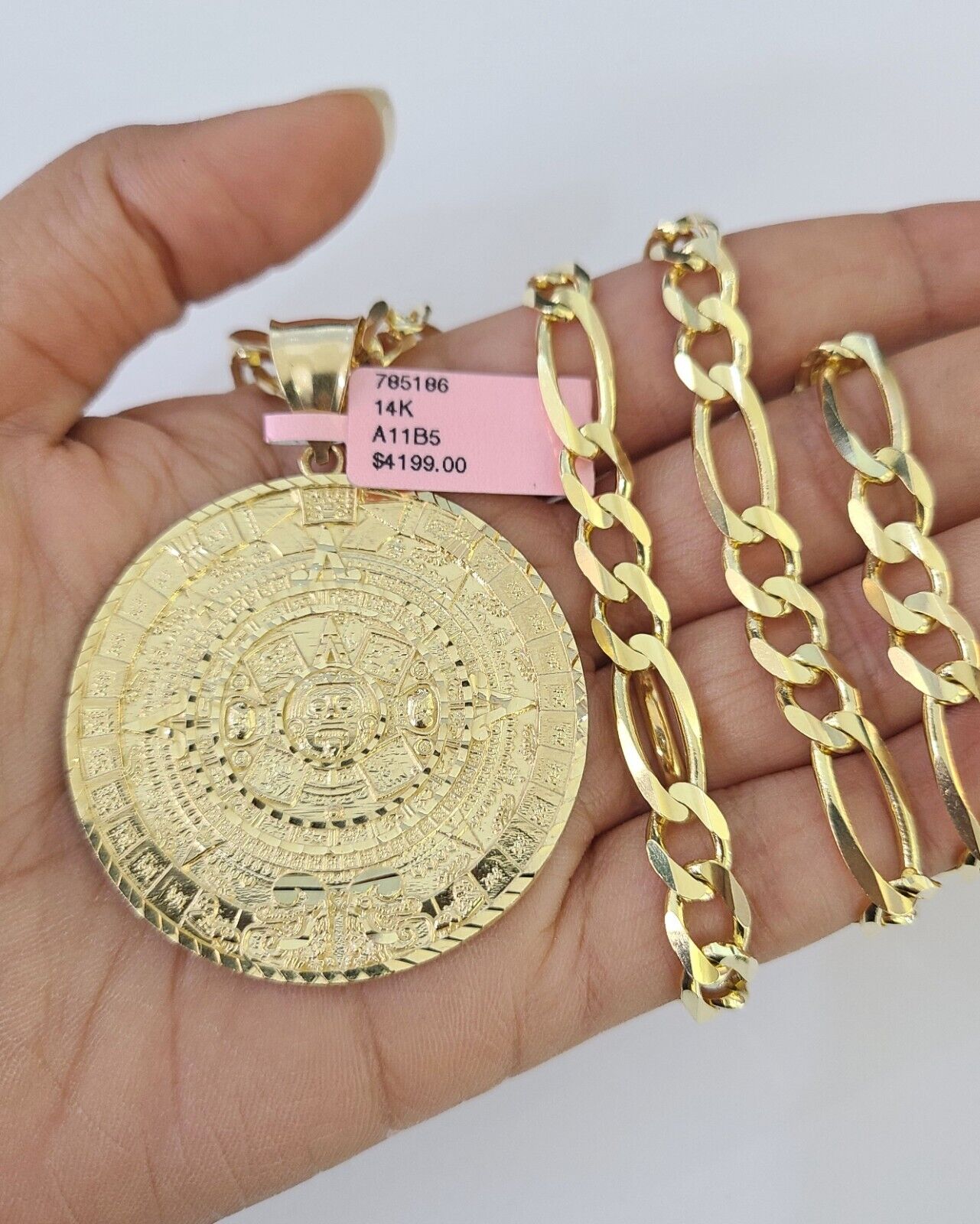 14k Solid Figaro Chain Mayan Calendar Charm Gold 7mm 20-30 inch SET Necklace