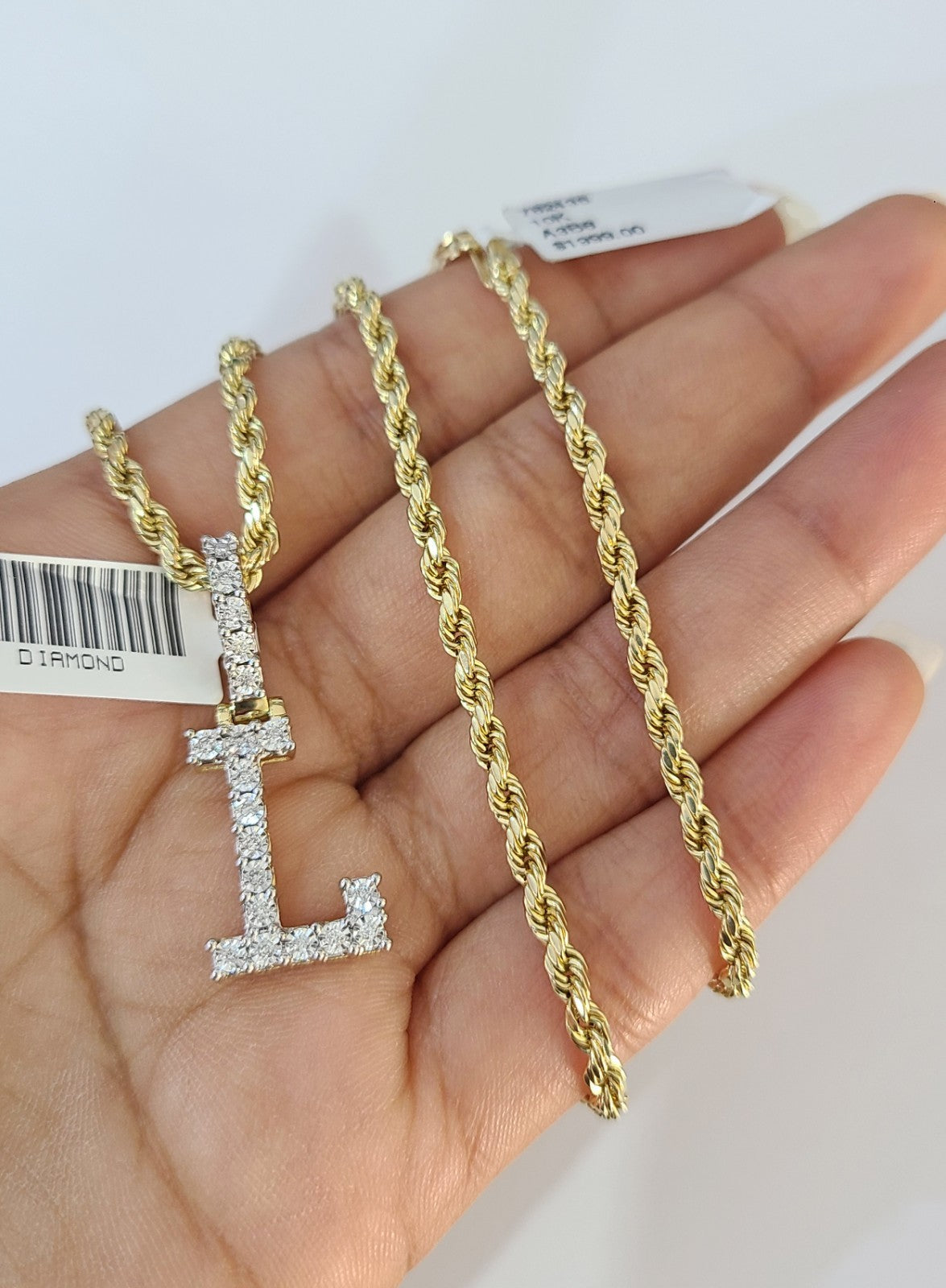 10k Rope Chain L Diamond Initial Charm Necklace Pendant Set 2mm 18"-24" Gold