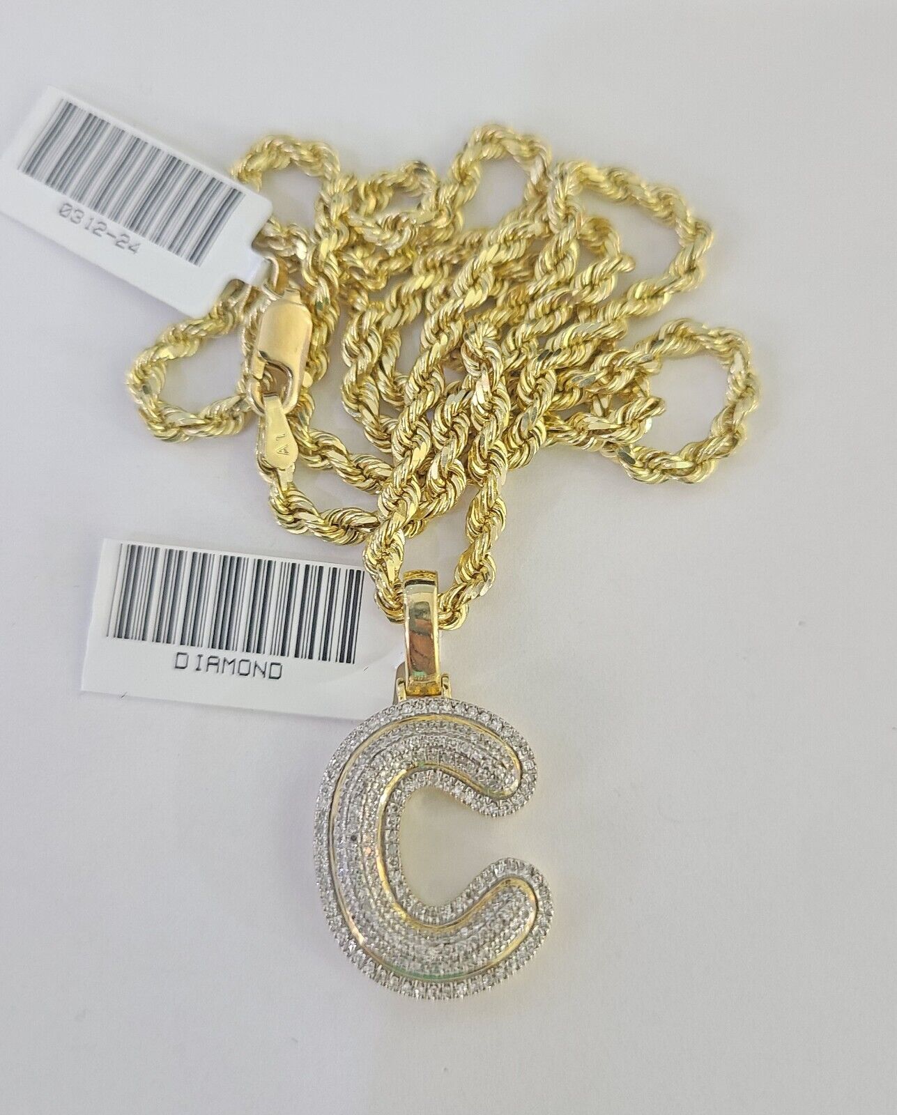 10k 3mm Rope Solid Chain C Diamond Pendant Alphabet 18"-28" Gold Charm Necklace